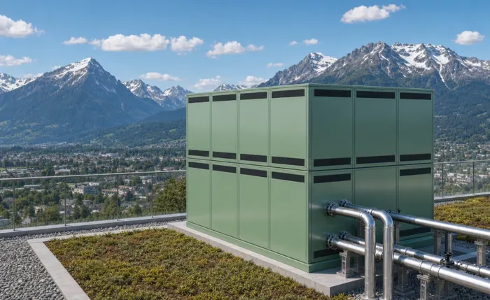 Grüne Schallhaube auf einem Dach mit Bergpanorama