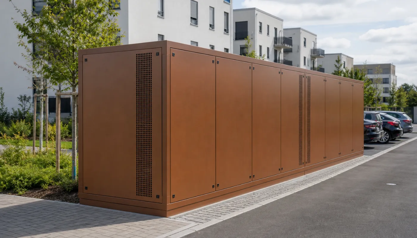 Long rust-brown enclosure at the edge of a car park in front of residential buildings