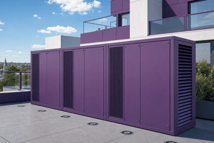 Schallhauben der H-Serie in Violett mit Lüftungsgittern auf einer Dachterrasse