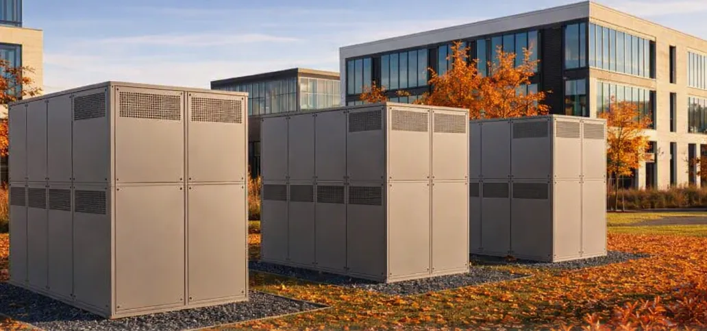 Three grey acoustic enclosures side by side in front of an office building in autumn