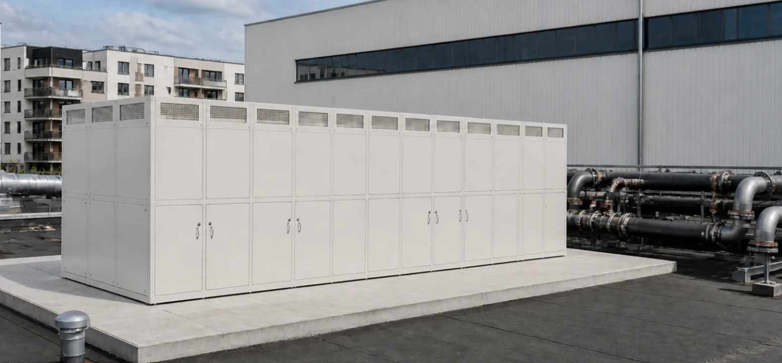 Long caisson acoustique gris clair avec grilles de ventilation et portes de service sur une toiture-terrasse à côté de tuyauteries (visualisation)