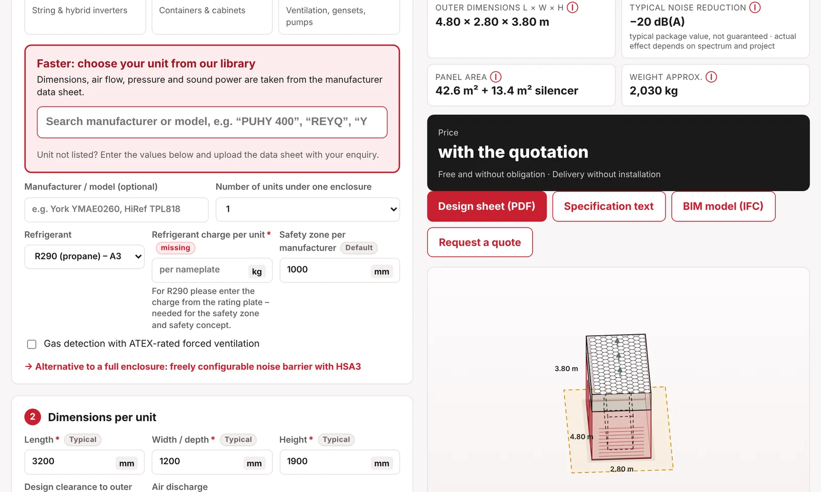 Screenshot of the ForCoTech configurator: inputs for unit and R290 refrigerant, design result with outer dimensions, noise reduction, panel area and weight, and a 3D view of the acoustic enclosure