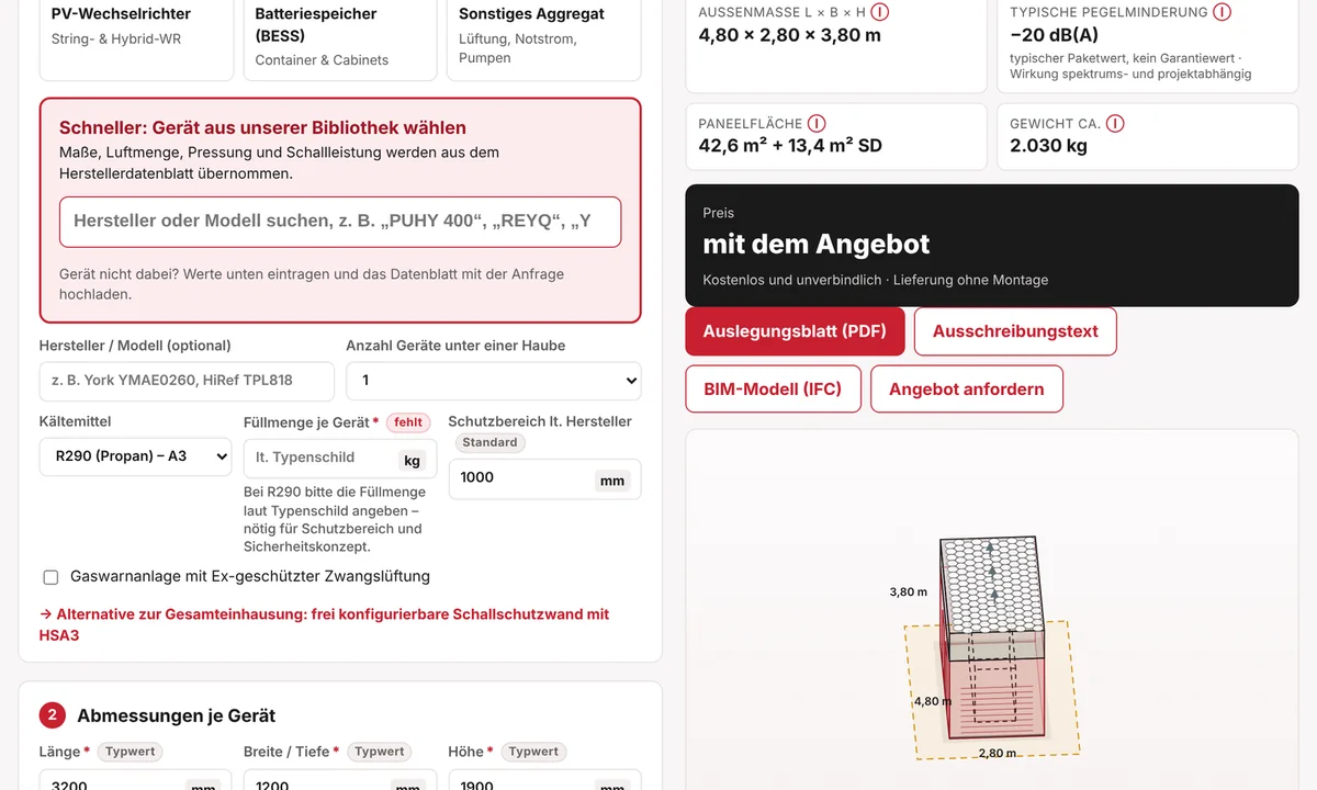 Bildschirmansicht des ForCoTech-Konfigurators: Eingaben zu Gerät und Kältemittel R290, Auslegungsergebnis mit Außenmaßen, Pegelminderung, Paneelfläche und Gewicht sowie 3D-Ansicht der Schallhaube