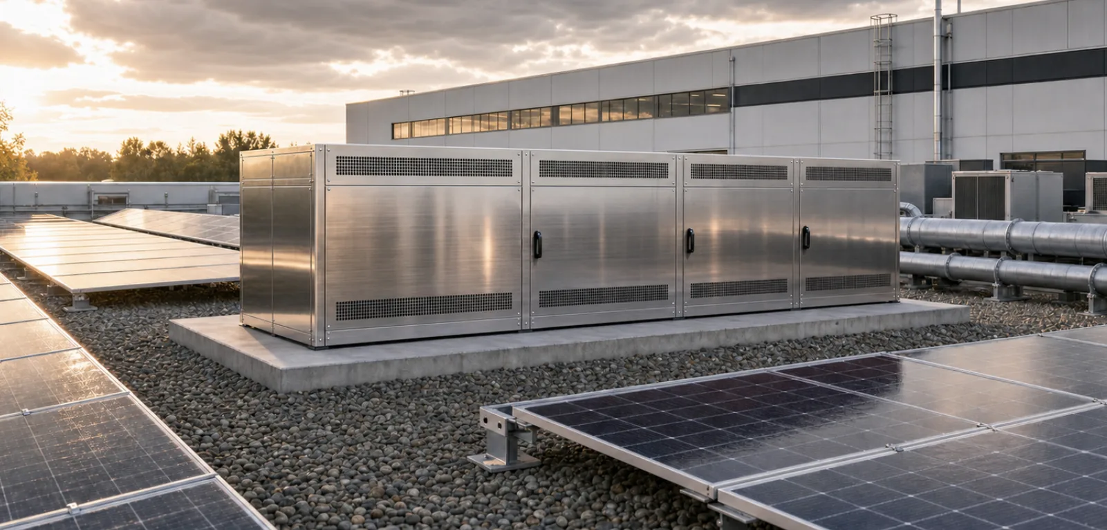 Stainless steel acoustic enclosure with ventilation grilles and service doors on a flat roof between PV modules (visualisation)