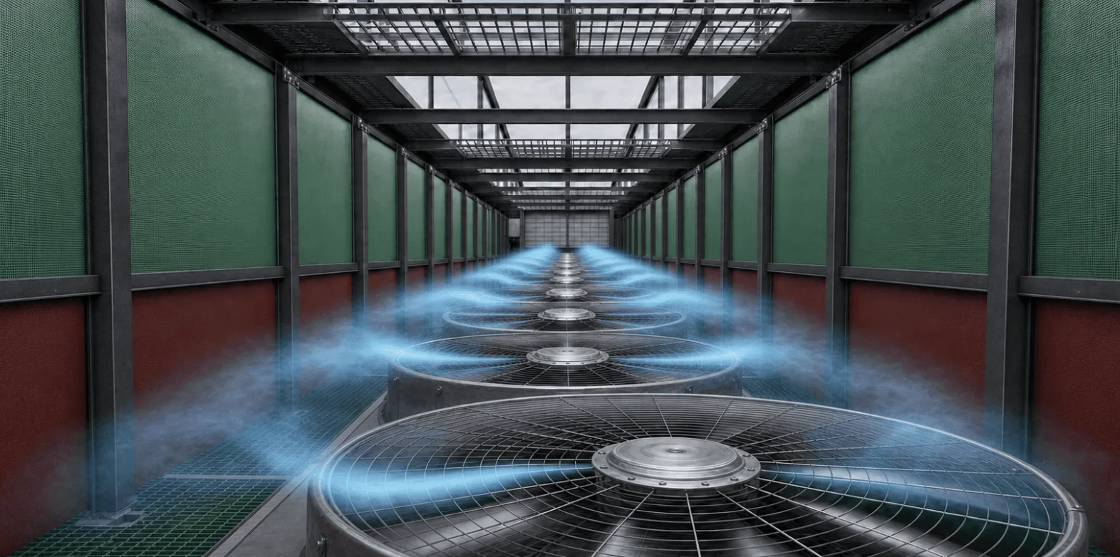 Rangée de grands ventilateurs axiaux dans un caisson, flux d’air représenté en bleu (illustration)
