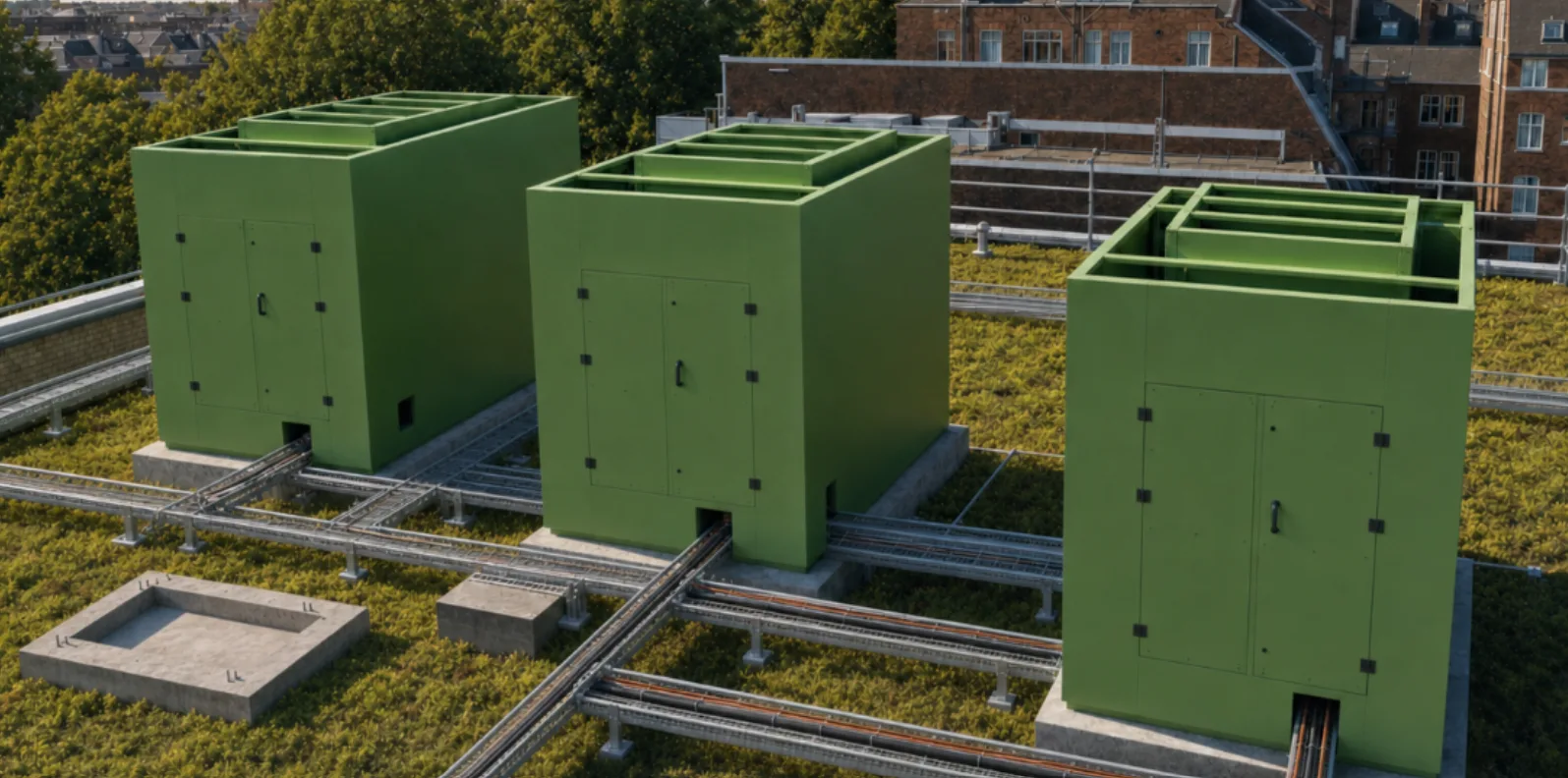 Trois caissons acoustiques individuels verts avec ouvertures d’air en toiture et portes de service sur une toiture végétalisée en centre-ville