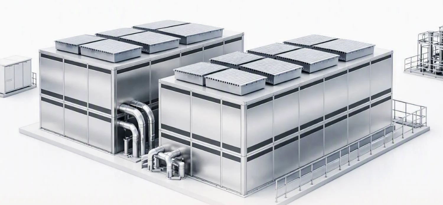 ForCoTech acoustic packs: two free-standing metal-panel enclosures with roof silencers over the chillers of a data centre – visualisation