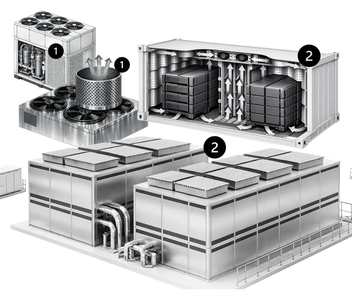 Acoustic Packs von ForCoTech: Rückkühler mit aufgesetztem Abluftschalldämpfer (1) und eingehauste Kälteanlagen und Container mit Dachschalldämpfern (2) – Visualisierung